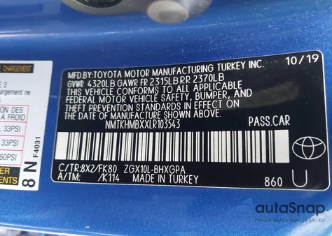 2020 Toyota C-Hr Xle из США, поврежденный, VIN NMTKHMBXXLR103543